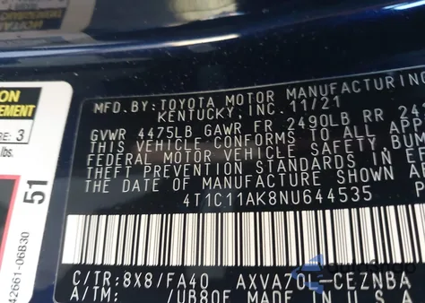 2022 Toyota Camry Le из США, поврежденный, VIN 4T1C11AK8NU644535